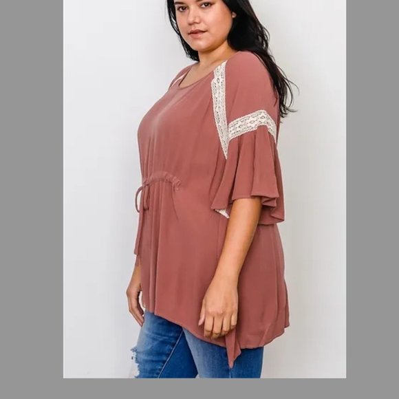 Boho Rose Drawstring Waist Crochet Trim Top - Picture 2 of 2